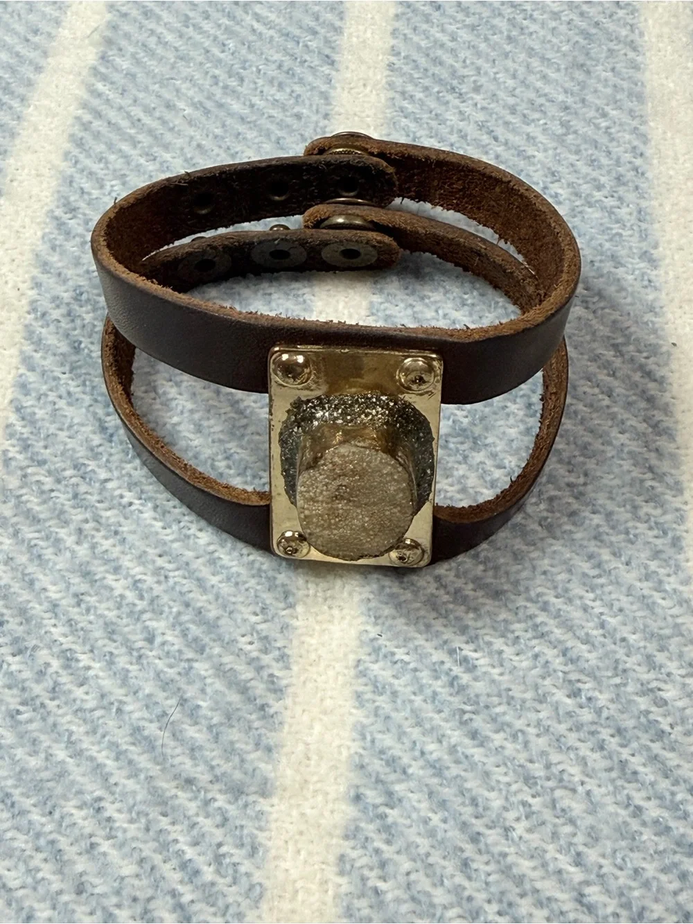 Double-Wrap Brown Leather Bracelet with Central Stone Accent